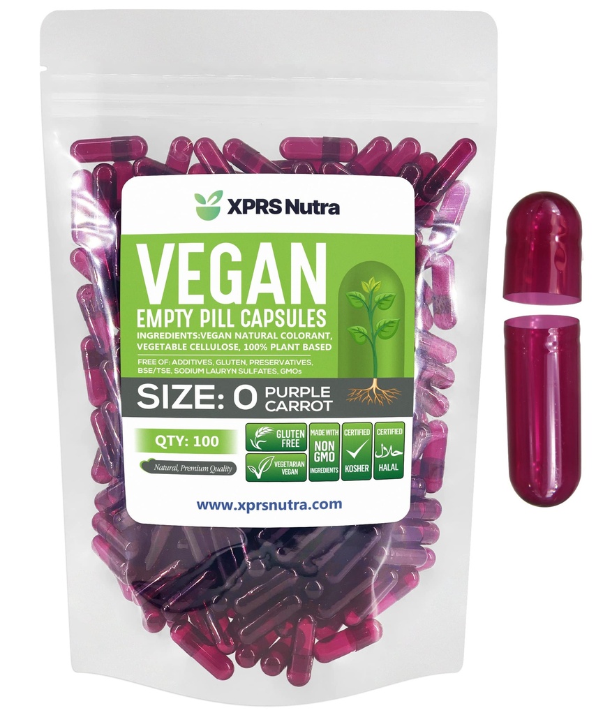 XPRS Nutra Size 0 Capsule Vuote - 100 Count Empty Vegan Capsule - Pillole Vegetariane - DIY Capsule Vegetali Riempimento - Tappi Pillole Veggie per Do-It-Yourself Supplements (Purple Carrot)