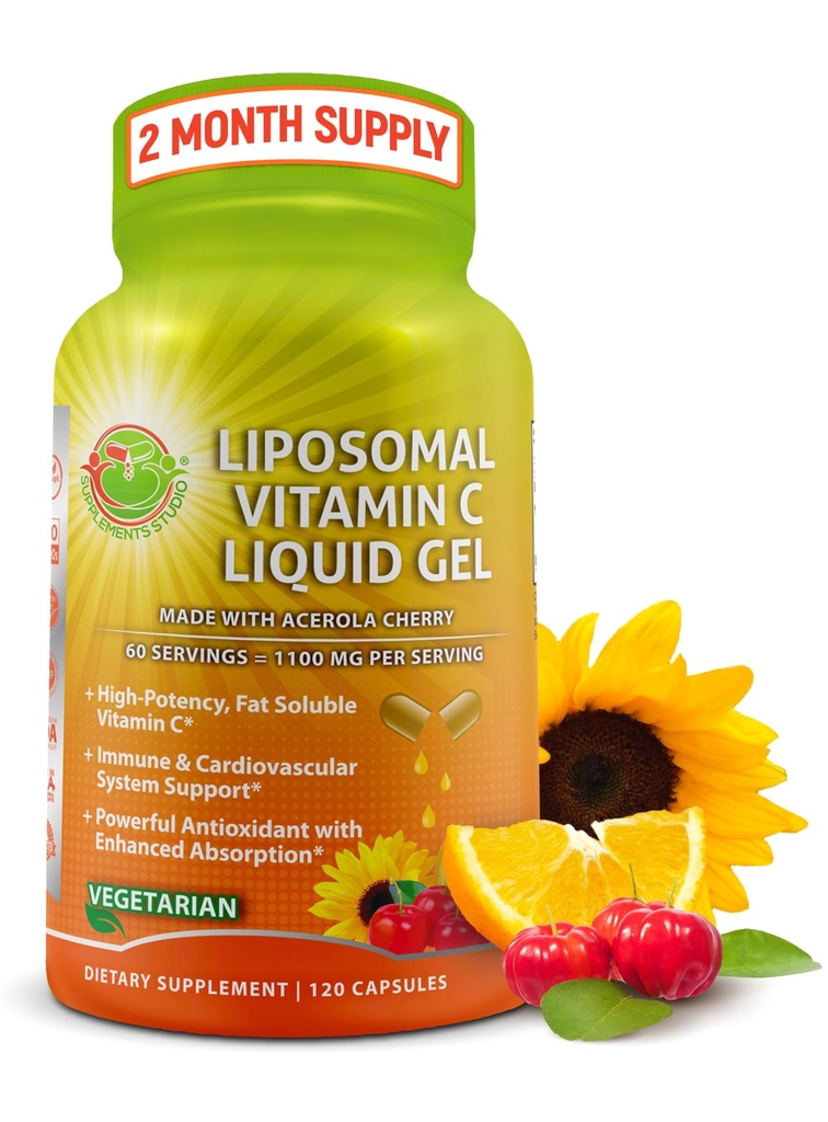 Liposomal Vitamin C Liquid Gel Capsule - 1100mg - Realizzati con Ciliegie Organiche Acerola, Integratore di Supporto Immune Liposomico Vitamina C ad alta potenza con Assorbimento e Biodisponibilità - 120 conteggio
