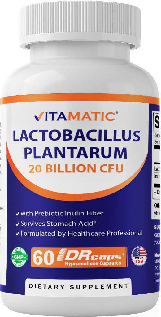 Vitamatic Lactobacillus Plantarum - 20 miliardi per DR Capsule - 60 Count - Supporto Digestivo - Realizzato con fibra Prebiotica Inulina