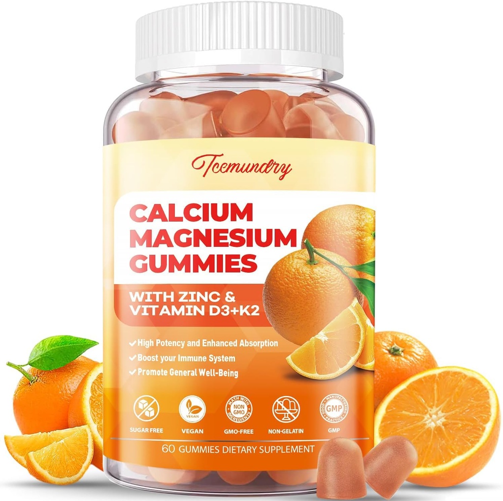 Calcio Magnesio Zinco Gummies con Vitamina D3 & K2 - Magnesio ad alto assorbimento Glycinate 400mg - Supplemento di calcio libero da zucchero - Supporto Nerve Muscle Mood & Immunity - per Adulti Uomini Donne Bambini