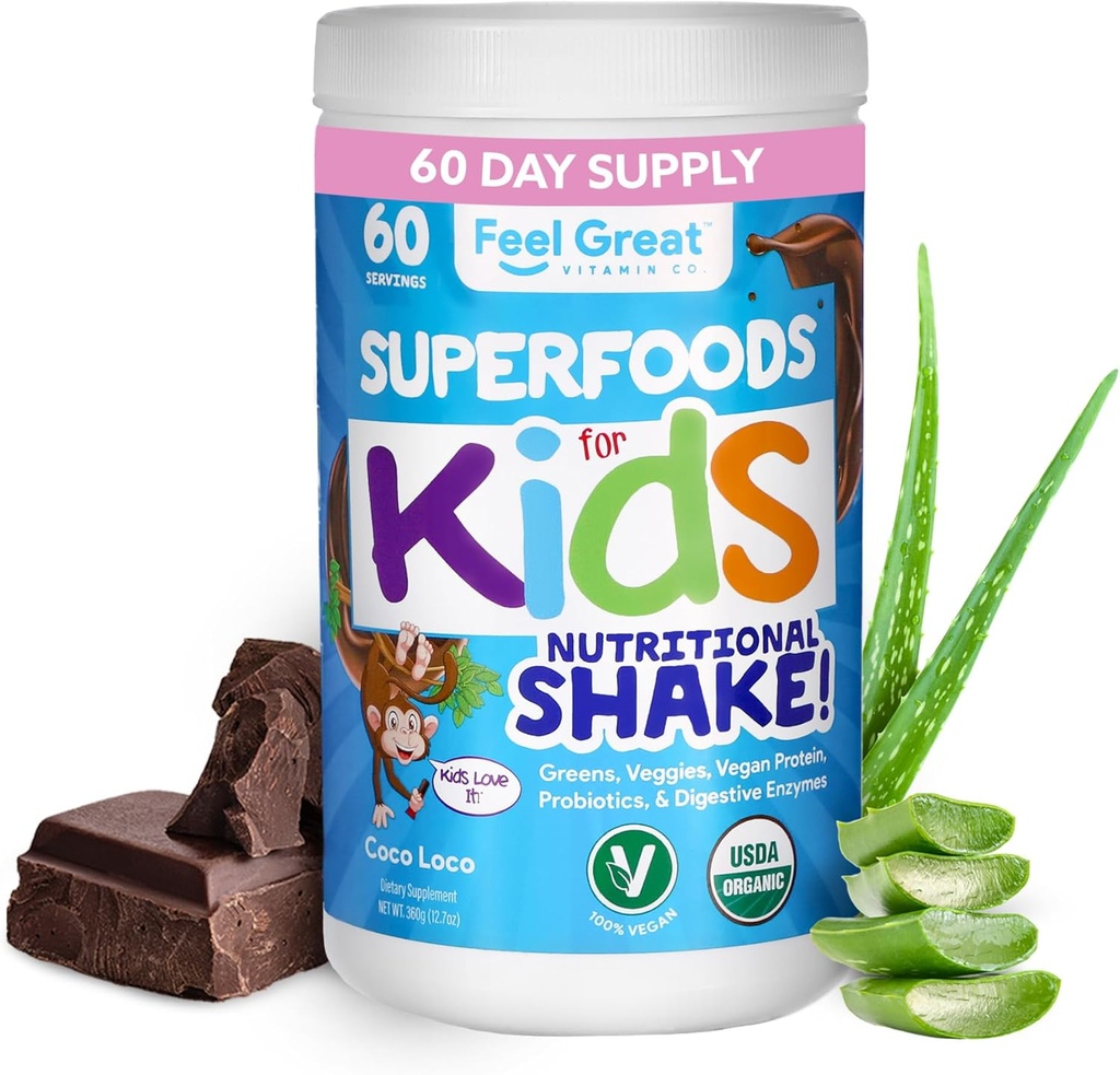 Bambini Super Greens Organic Polvere con frutta e verdura - All-In-One Bambini Multivitaminico fatto da piante reali - No Vitamine sintetiche, Nessun Filler o Binders, Nessun Zucchero Aggiunto.