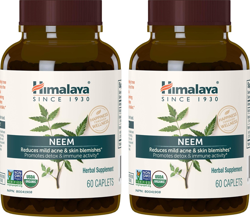 Integratore di erbe del Neem organico dell'Himalaya, per l'acne mite e pelle chiara, purificante, ayurvedic, USDA certificata organico, non OGM, Vegan, 600 mg, 60 Caplets basati sulle piante, 2 Pack