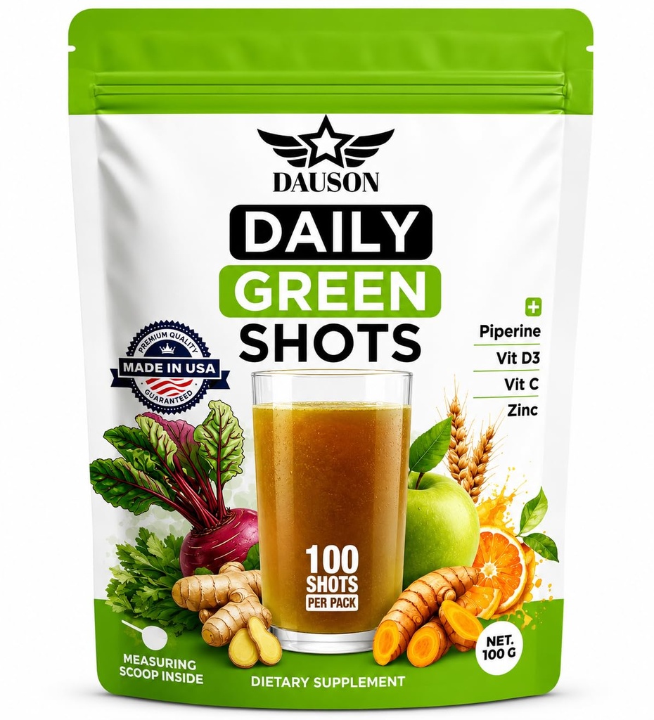 Daily Green Shots – Superfood Powder con Wheatgrass, Matcha, Beetroot, Ashwagandha, Turmeric & Prebiotics – Immunity & Energy Support – Vegan Greens Supplement – 100 Shots