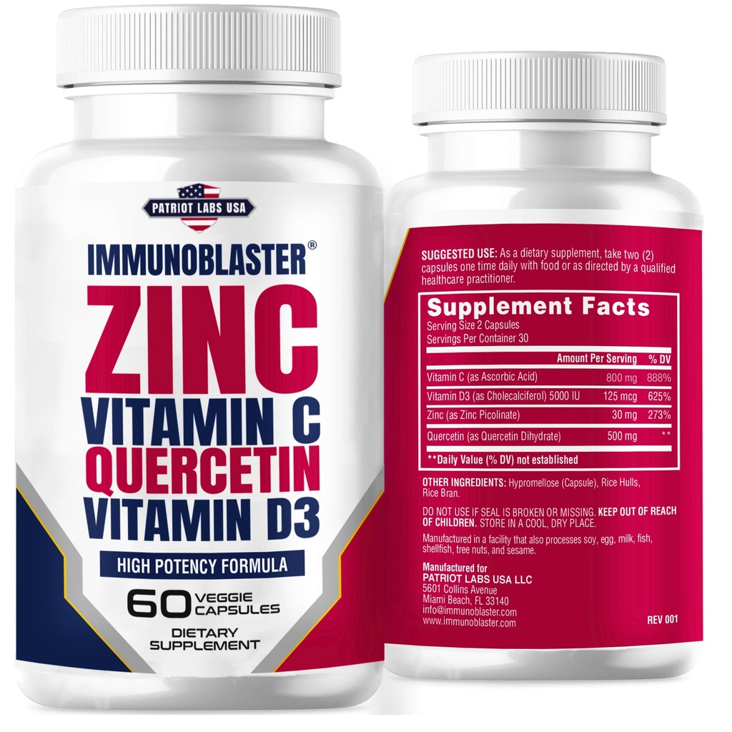 Zinc Quercetin 500mg con Vitamina D e C Antiossidante Supporto Immune ad alta potenza Quercetin Zinc Supplemento per Uomini e Donne - Gluten, Soia, & Dairy Free - 60 Conte (Pacchetto di 1)