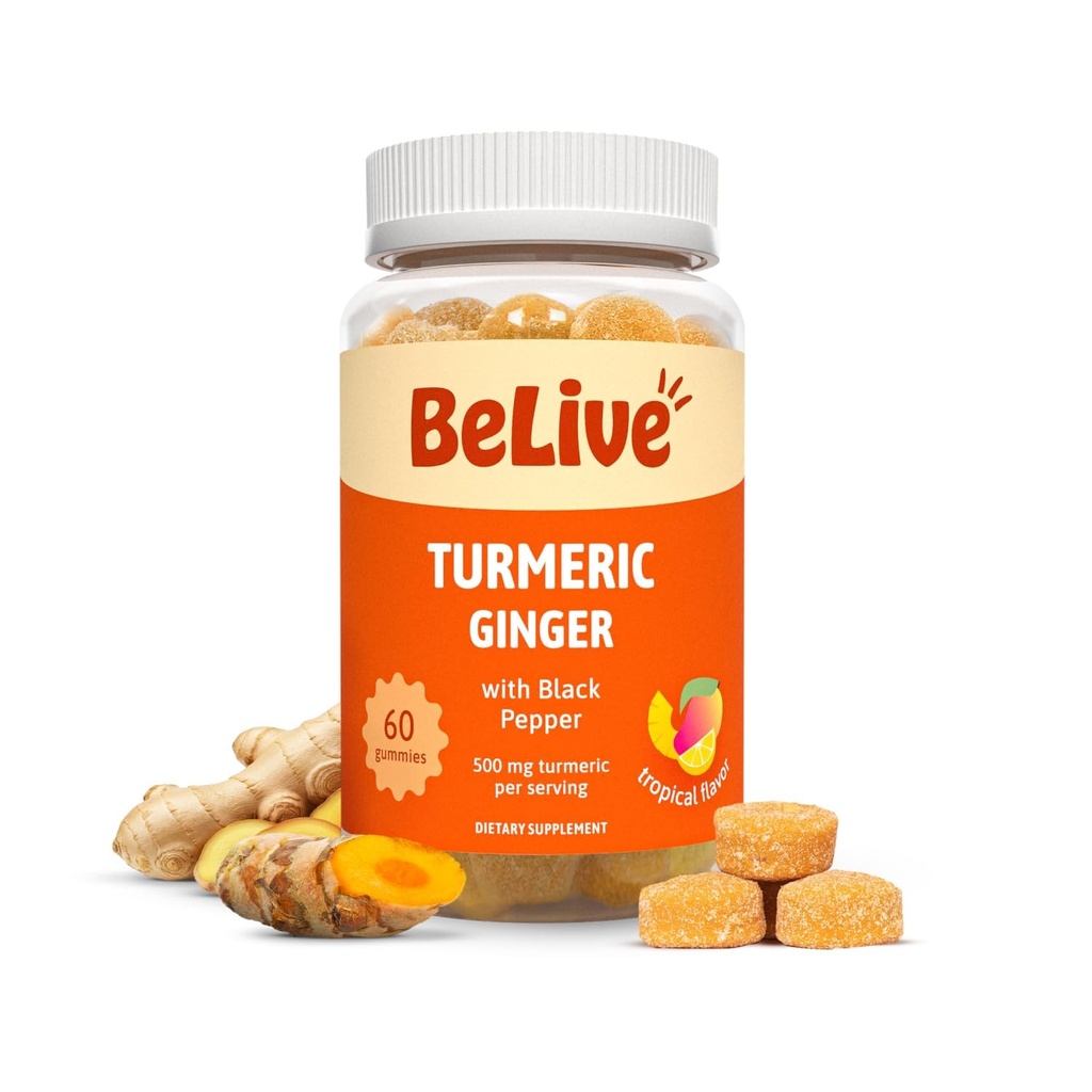 BeLive Curcumin Turmerico con Pepe Nero & Ginger - 500 mg di Turmerico e Ginger Supplemento per il supporto immunitario, Pelle sana e mobilità - Tropicale Flavor | 60 Conte