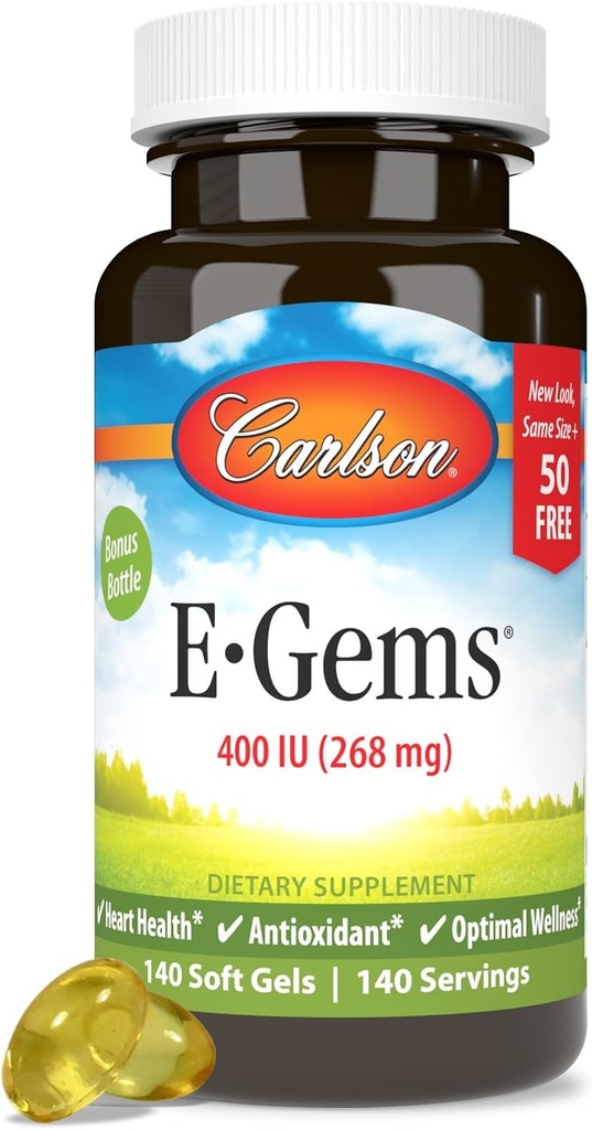 Carlson - E-Gems 400 IU (268 mg), Vitamina E naturale, Benessere ottimale, 140 Gel Morbidi