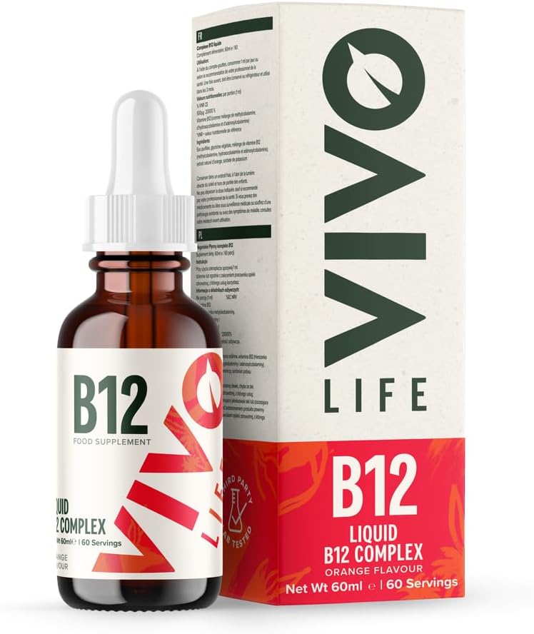 Vivo Life - Vitamina B12 Complex, Supplemento di salute ad alta potenza, Gocce di liquido di aroma d'arancia, 60ml, 60 Serve