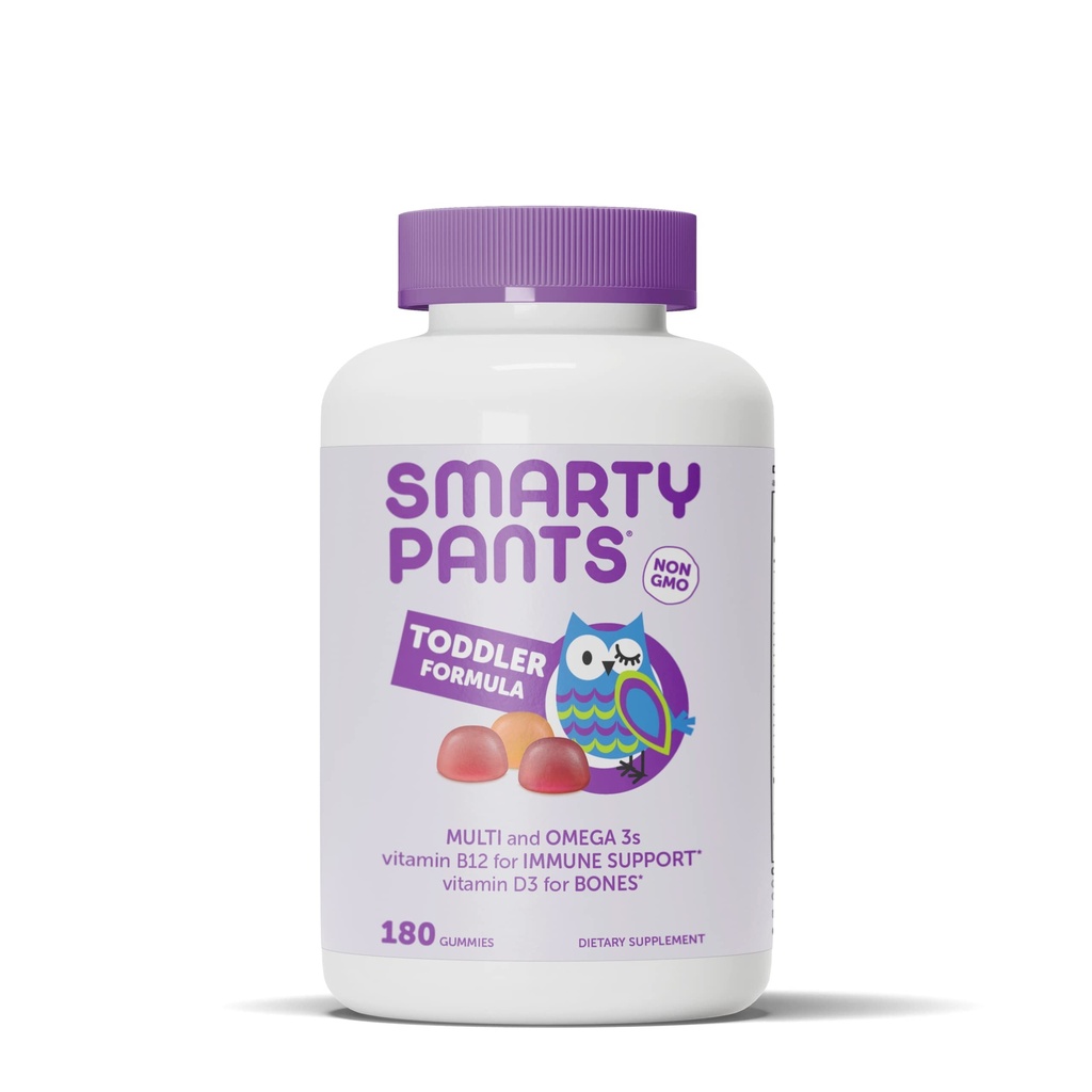 SmartyPants Toddler Multivitamin Gummies: Omega 3 Fish Oil (EPA/DHA), Vitamina D3, C, Vitamina B12, B6, A, K & Zinc, Biotin, Beta Carotene, Gluten Free, Tre Sapori di Frutta, 180 Count (60 Day Supply)
