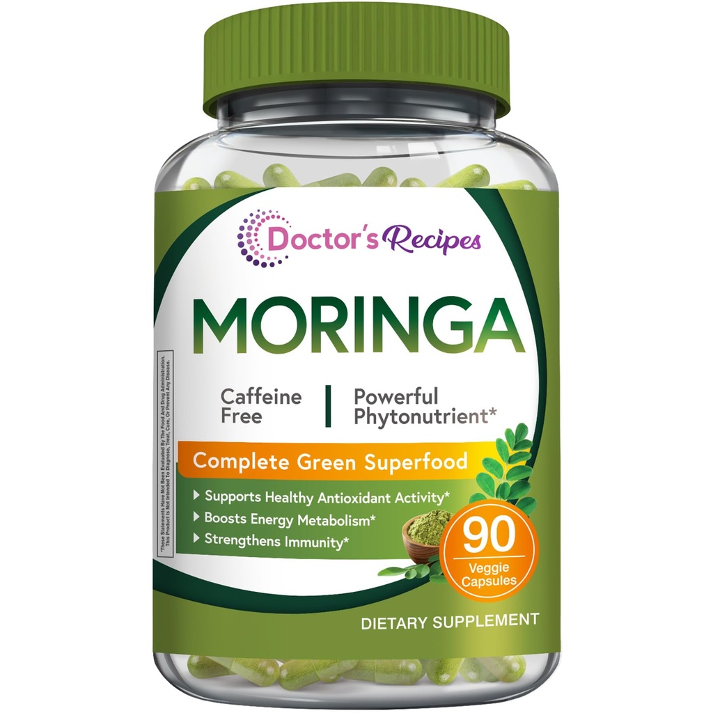 Ricette del medico Moringa 11.000 mg di resistenza, Superfood verde completo, Supporto antiossidante naturale, Non-OGM, 90 Vegan Caps, No Caffeina Soia Gluten