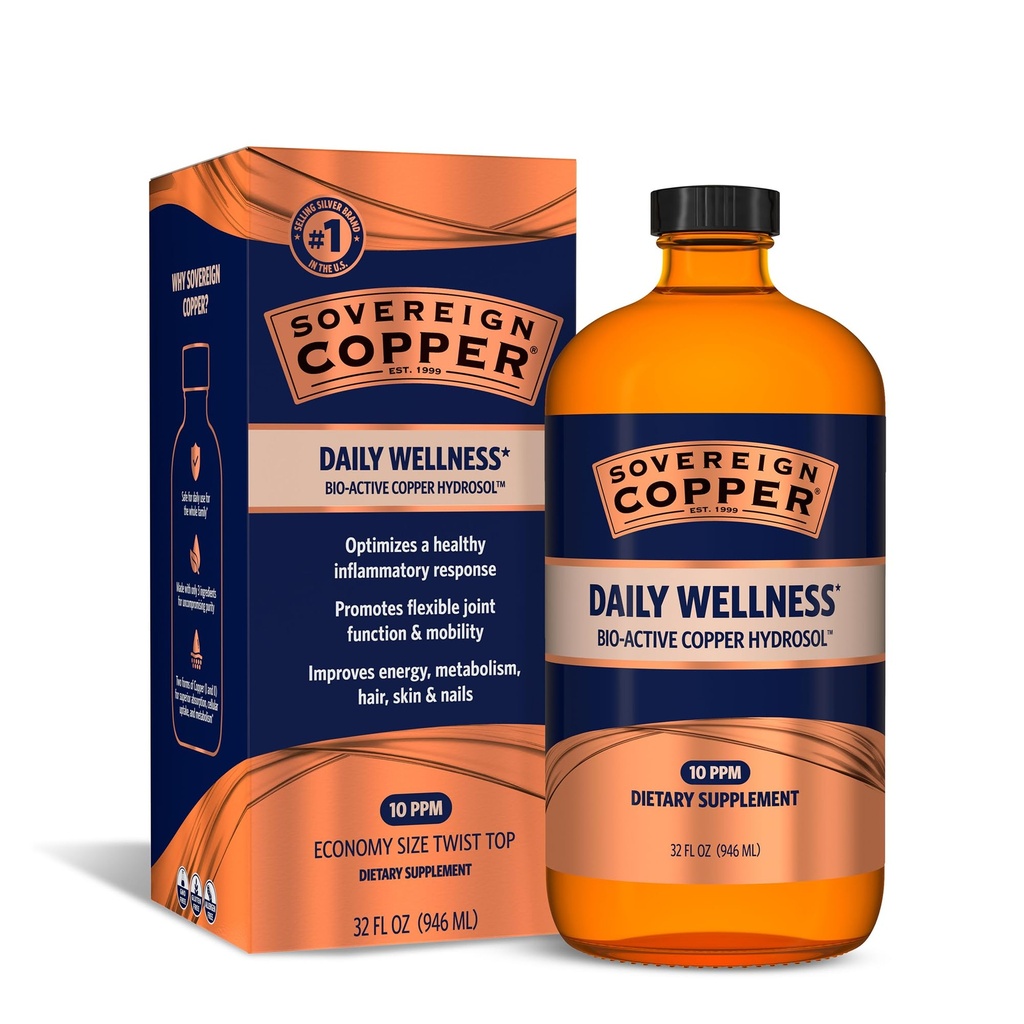 Sovrano Bio-Active Copper Hydrosol - Biodisponibile Integratore Liquido Rame per Adulti e Bambini con Idrosol Argento per Capelli, Pelle e Unghie - 32 fl oz (946mL)