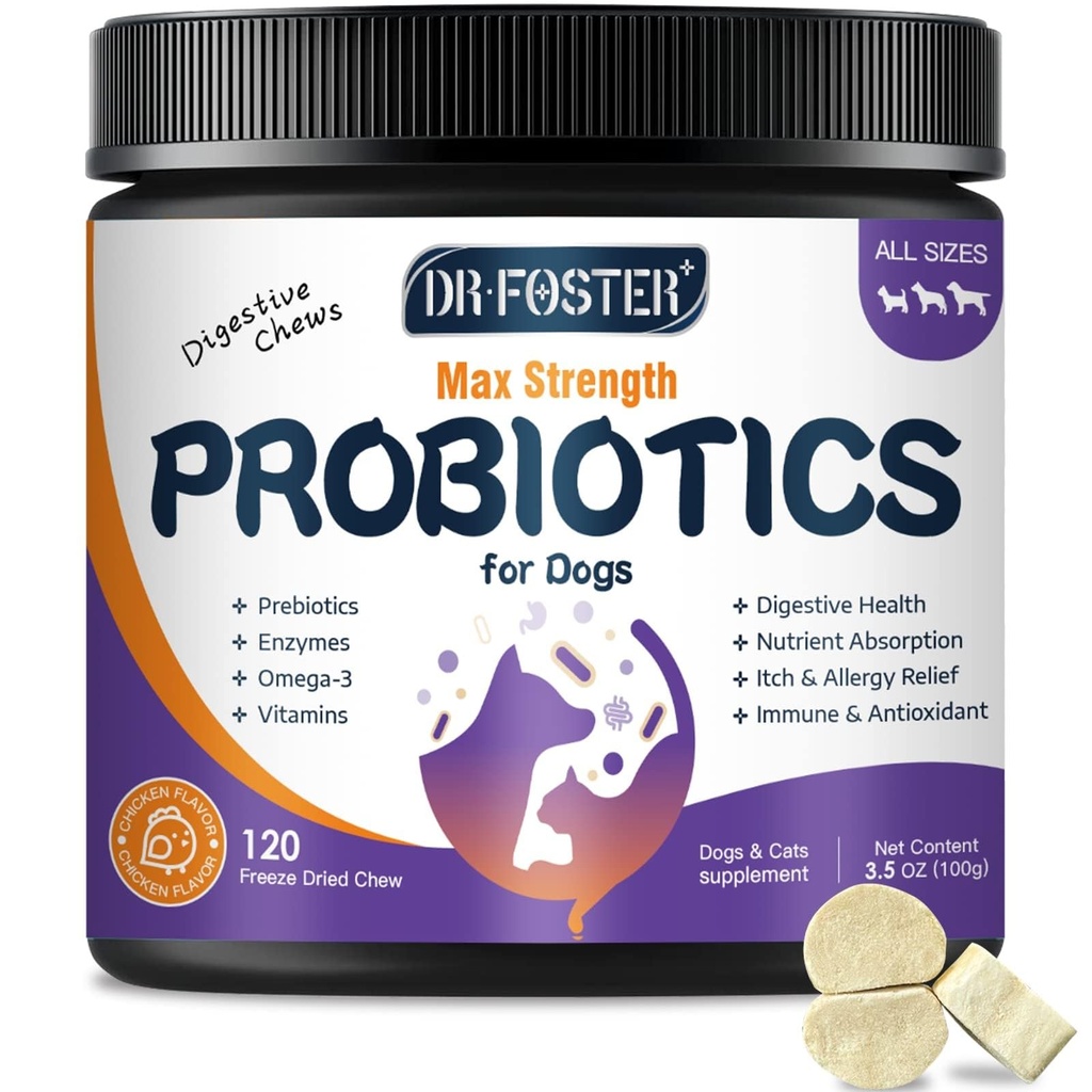 Probiotici per cani, Probiotici per cani e enzimi digestivi, Plus Omega-3 per la pelle prurito, Prebiotici 3-in-1 per la salute digestiva, Vitamine e Integratori per la salute immunitaria, 120 Biti