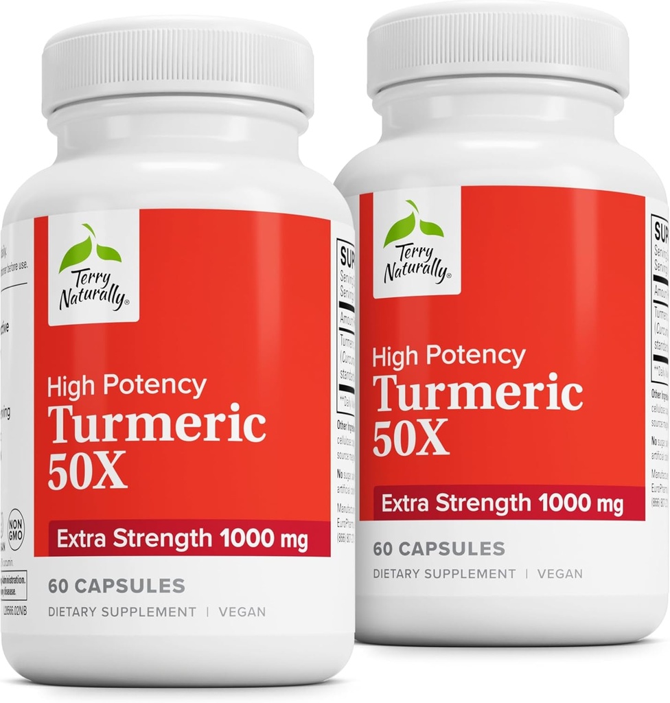 Terry Naturally Turmeric 50X - Supplemento dietetico per il cervello e il supporto di salute del cuore - Turmerico ad alta resistenza per aiutare la salute immunitaria - Supplemento non OGM - 60 capsule, 2 Pack