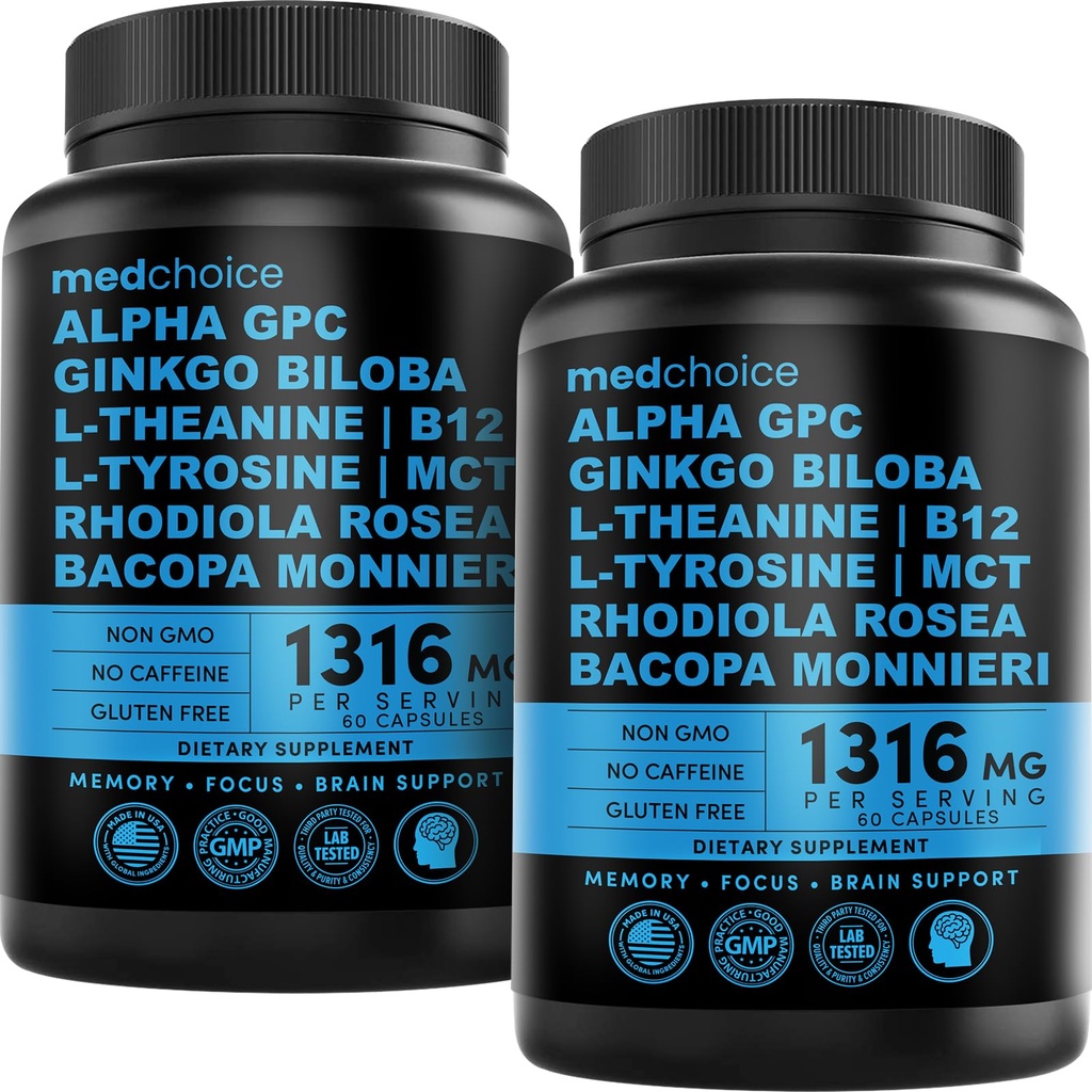 12-in-1 Nootropic Brain Supplemento Anhydrous: Ginkgo Biloba per il supporto del cervello, memoria e messa a fuoco - B12, Alpha GPC, L Theanine e Choline Integratori con Bioperine Non Caffeina 1321mg (120ct)