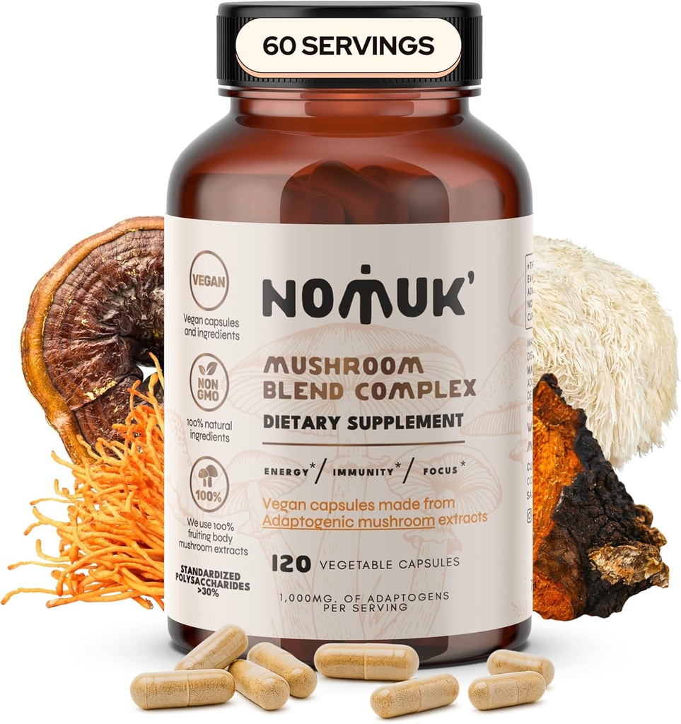 Adaptogenic Mushroom Extract Blend Lions Mane, Reishi, Cordyceps, Chaga Supplement, 120 capsule.