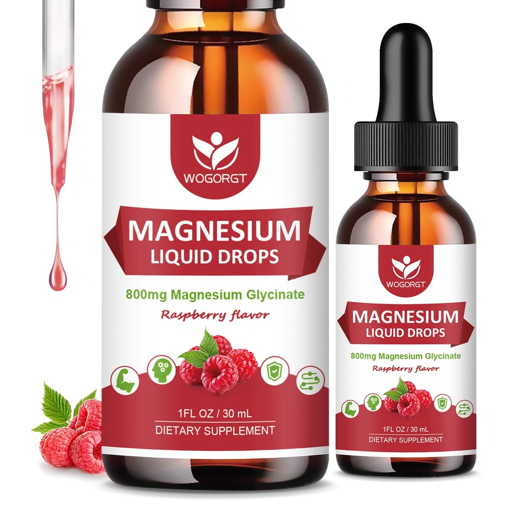 (2 Confezione) Magnesio Glycinate Gocce Liquide con Citrato & Taurate - Alto Assorbimento 1000mg Liquid Magnesium Complex con D3, GABA, L-teanina per Cognizione, Muscolo e Focus, Raspberry Flavor - 30mL