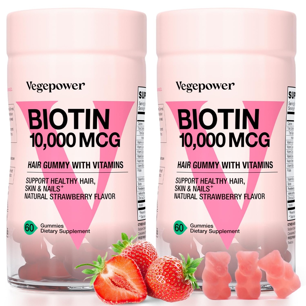 Biotin Gummies 10000mcg Integratori - con Vitamina C, A, D, B-Complex, Folate, Zinco per Donne & Ragazze- Vegan Biotin Capello Crescita per capelli sani, Non OGM, Fragola, 120 Bear