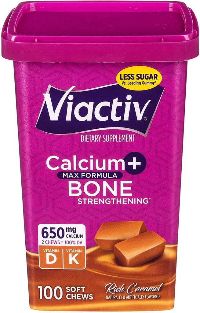 Viactiv Max Formula Calcium +Vitamin D3 Supplemento per Bone Health, Rich Caramel, 100 Soft Chews - 5 Pack