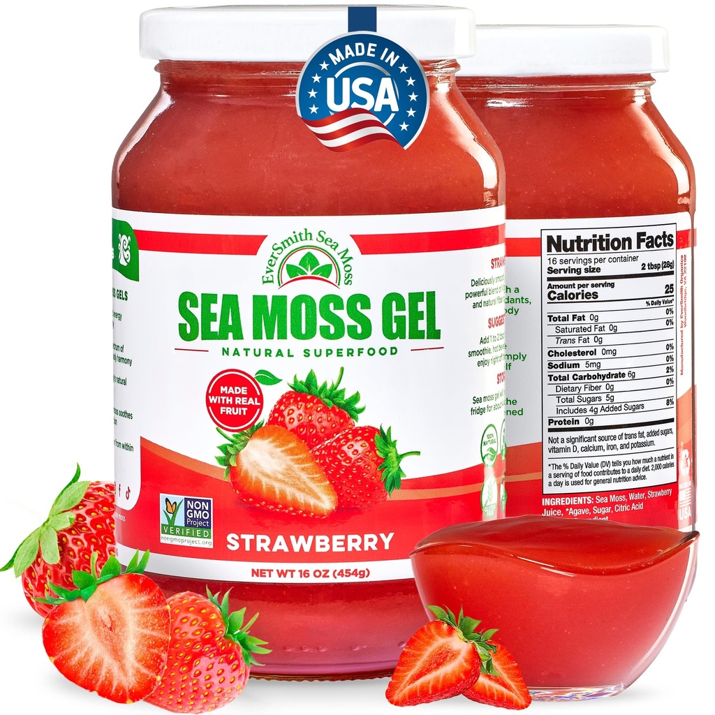 Wildcrafted Irish Sea Moss Gel | Made in USA | Rich in Vitamins & Minerals | Sea Moss Gel Raw | Integratore nutrizionale | Strawberry (16 oz)