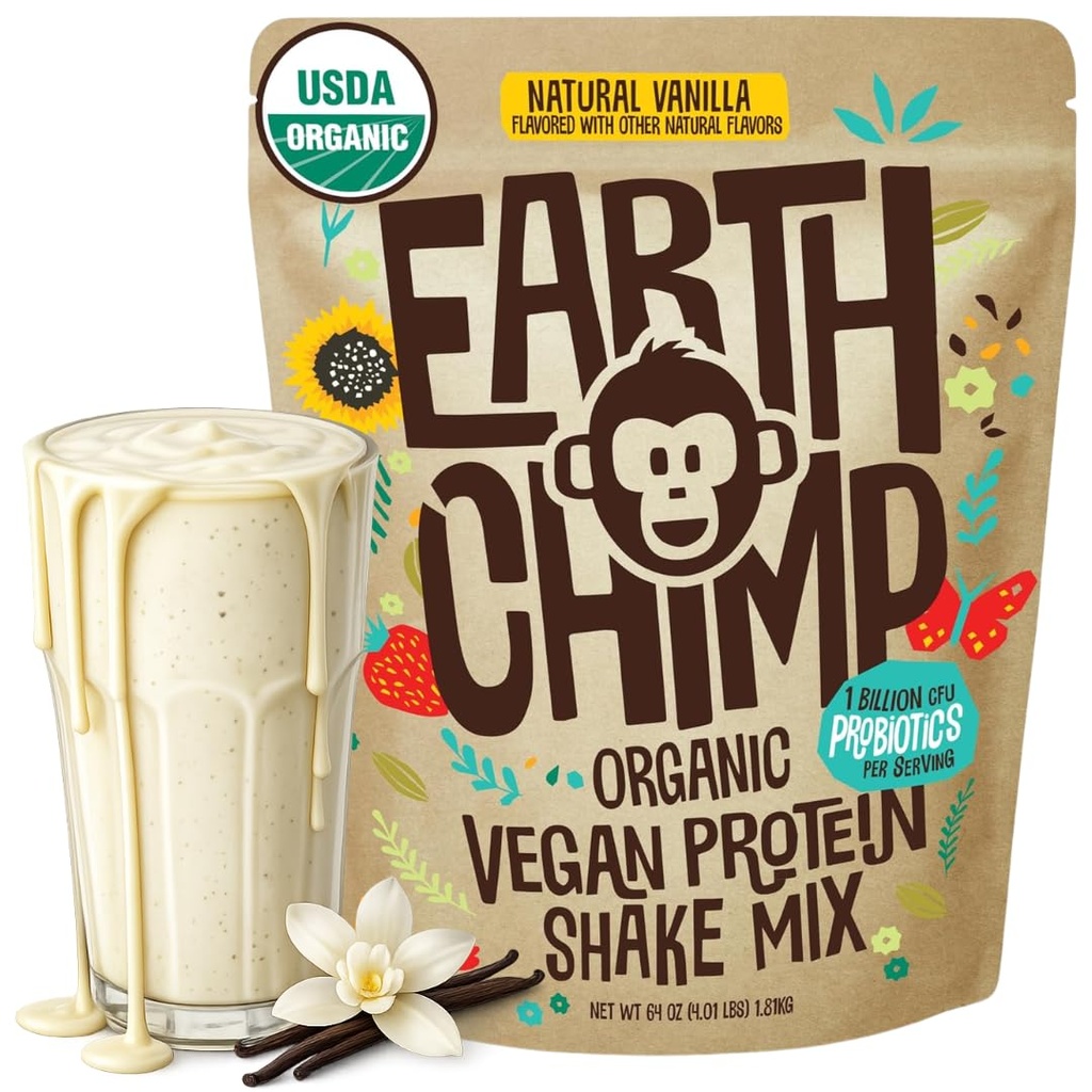 TerraChimp Organic Vegan Protein Powder - con Probiotici - Non OGM, Dairy Free, Non Whey, Polvere proteica a base vegetale per le donne e gli uomini, senza glutine - 52 Servings 64 Oz (Vanilla)