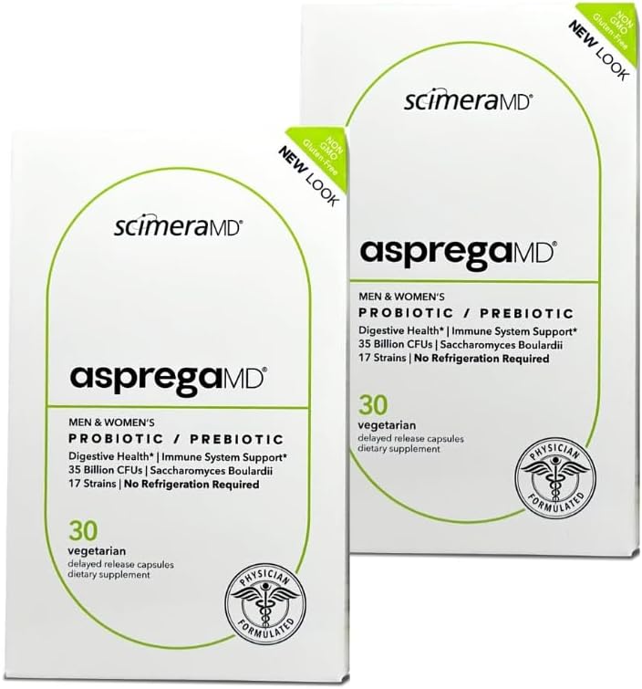 Asprega 30CT - Probiotico + Prebiotico Supplemento | 17 Strains, 35 miliardi di CFU | Rilascio ritardato | Saccharomyces Boulardii | per uomini e donne | da ScimeraMD, 2-Pack