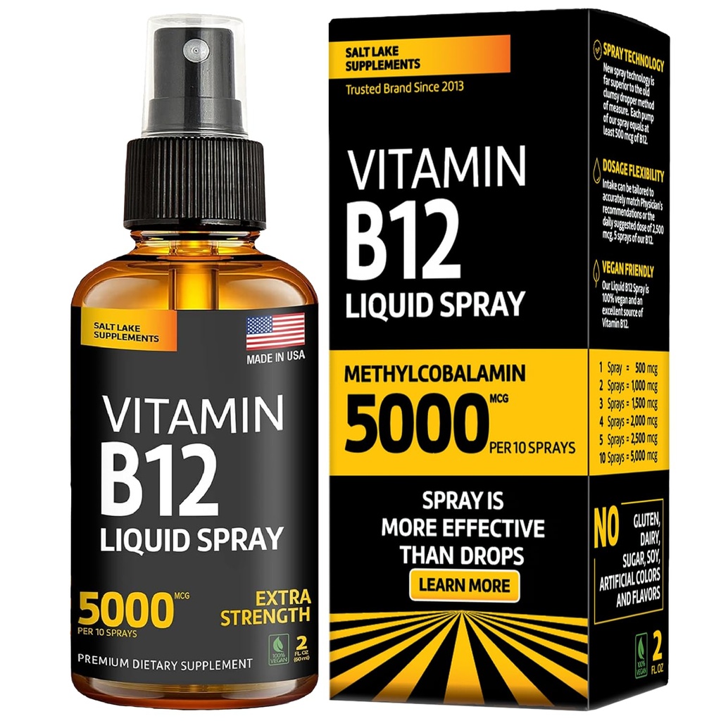 Vitamina B12 Sublingual Spray 5000 mcg – Vegan Methylcobalamin Liquid B12 Boost Energy, Mood & Brain Health - Gluten-Free, Non OGM B12 Spray per Uomo & Donne - Facile Dosaggio (5000 mcg in 10 Spray)