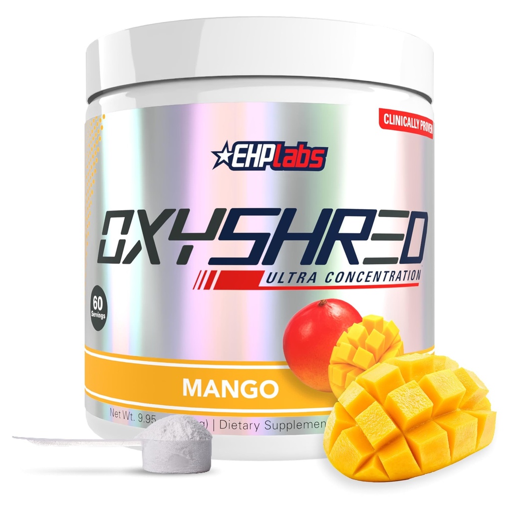 EHP Labs OxyShred Pre Workout Powder - Polvere pre-allenamento con L Glutamina & Acetyl L Carnitina, Energy Boost Drink - Mango, 60 Serve