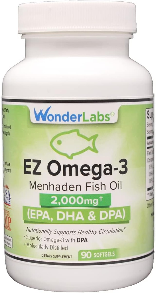 Atlantic Menhaden Fish Oil Omega-3 2000 mg, Burpless, Made in USA, equilibrio perfetto di EPA+ DHA + DPA 90 Softgels