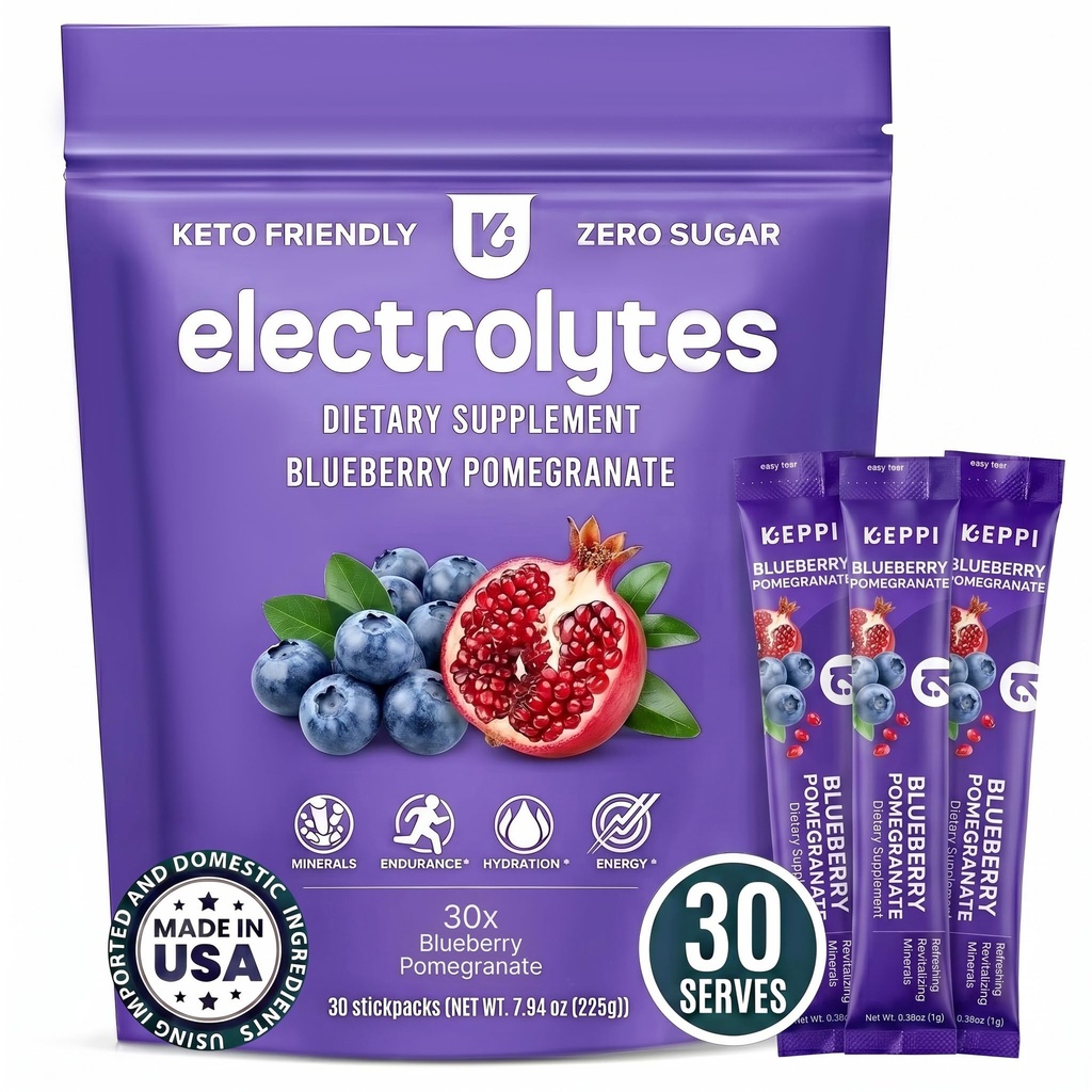 Keppi Electrolytes Powder Packets – Blueberry Pomegranate 30 Serve – No Sugar Hydration Supplement with Potassium, Magnesium, Sodium – Keto, Vegan, Fasting-Friendly, Zero Calorie Hydration Packets