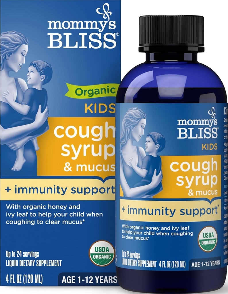 Bliss Organic Kids Cough Syrup and Mucus Relief + Immunity Support, Agave & Honey, Ivy Leaf, Elderberry, Zinc, Vitamina C, 4 Fl Oz