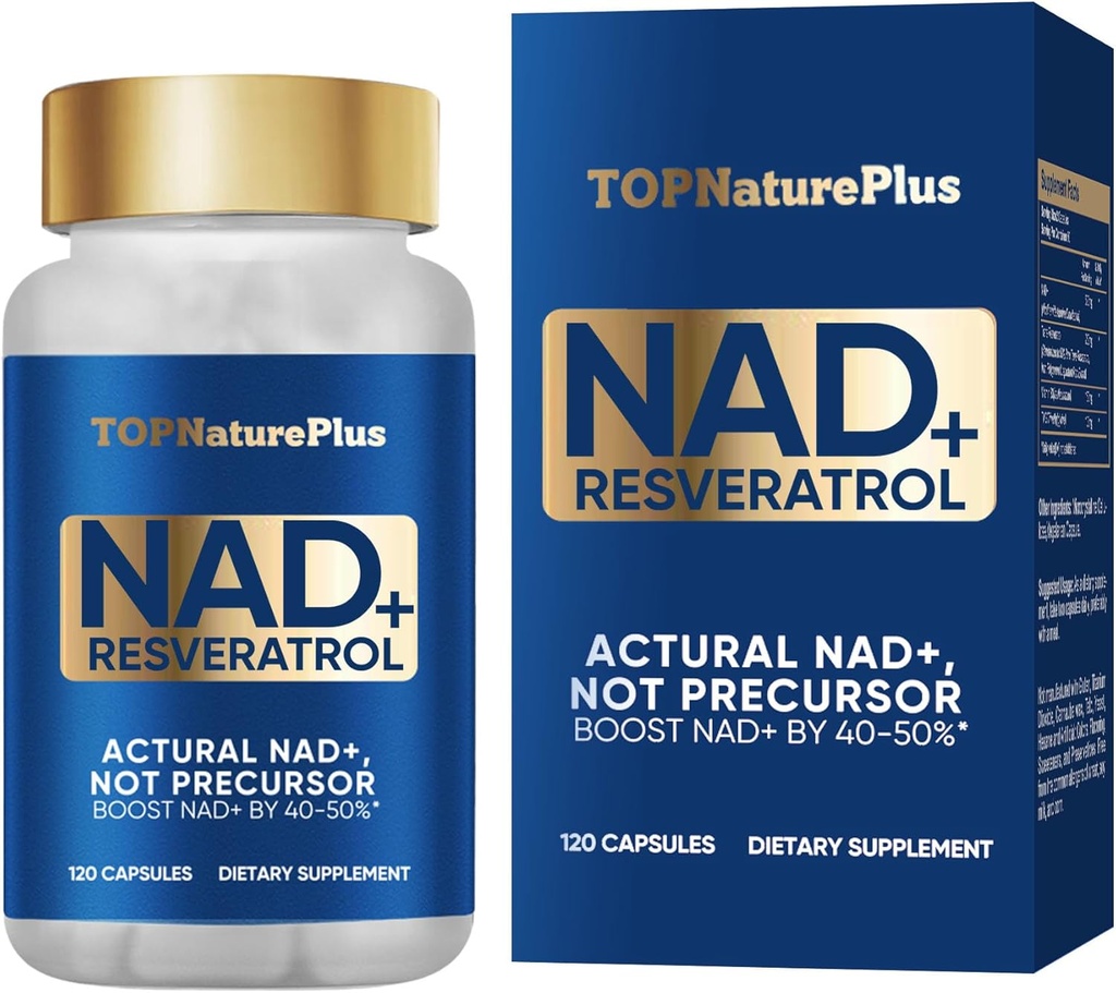 NAD+ Supplemento 1000 mg Pure Organic, Supplemento NAD+ Resveratrolo Max Assorbimento per la riparazione di energia e del DNA, Difesa invecchiante, Supporto funzione cerebrale, 120 capsule