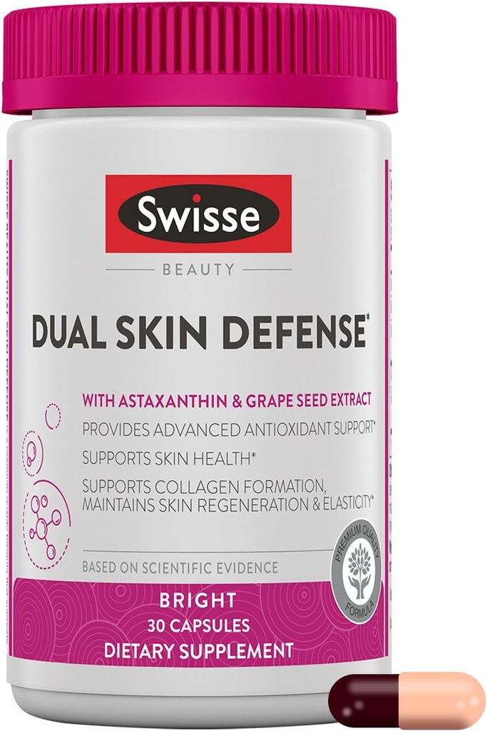 Swisse Beauty Dual Skin Defense Supplemento | Astaxanthin, Grape Seed Extract e Vitamina C | Supporta la formazione del collagene, elasticità della pelle, protezione antiossidante & rigenerazione | 30 capsule