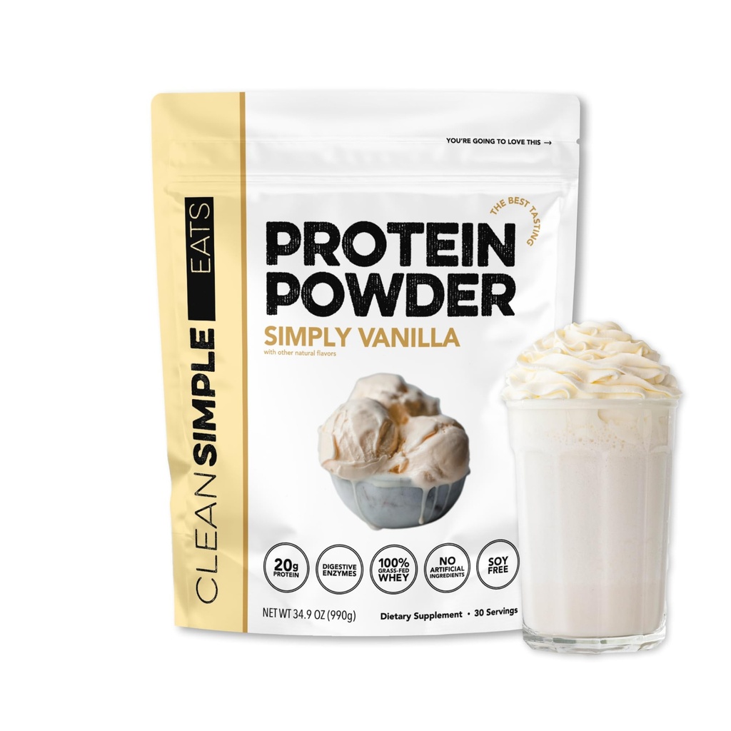 Pulire la polvere di proteine del siero di latte, semplicemente il sapore di vaniglia naturalmente addolcito, 100% polvere di proteine di erba medica con enzimi digestivi e nessun ingredienti artificiali, senza glutine, 30 porzioni