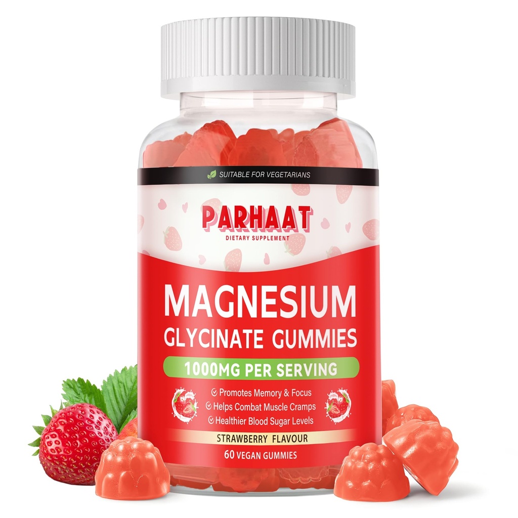 Magnesio Glycinate Gummies - Zucchero Gratuito Magnesio Potassium Supplemento con Vitamina D, B6, CoQ10 per Calma Mood & Sleep Support - 60 Strawberry Chews