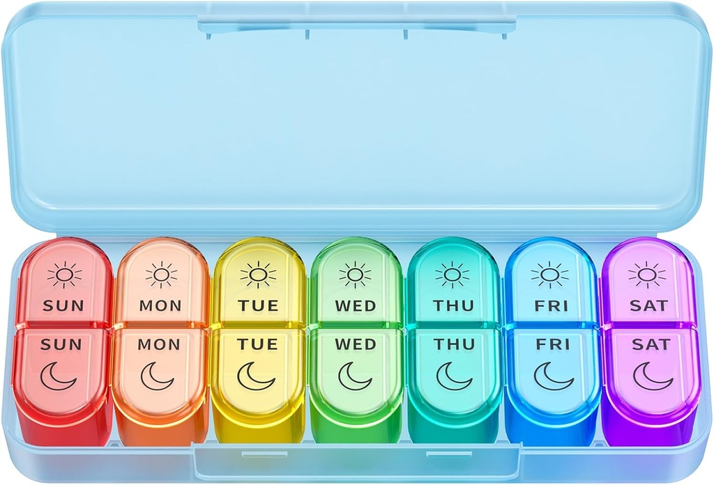 Organizzatore di pillole settimanali 2 volte al giorno - AM PM Pill Organizer con 7 Daily Color-Coded Small Cases, Mattina e Notte Travel Pill Cases for Vitamins, Medicine, & Supplements