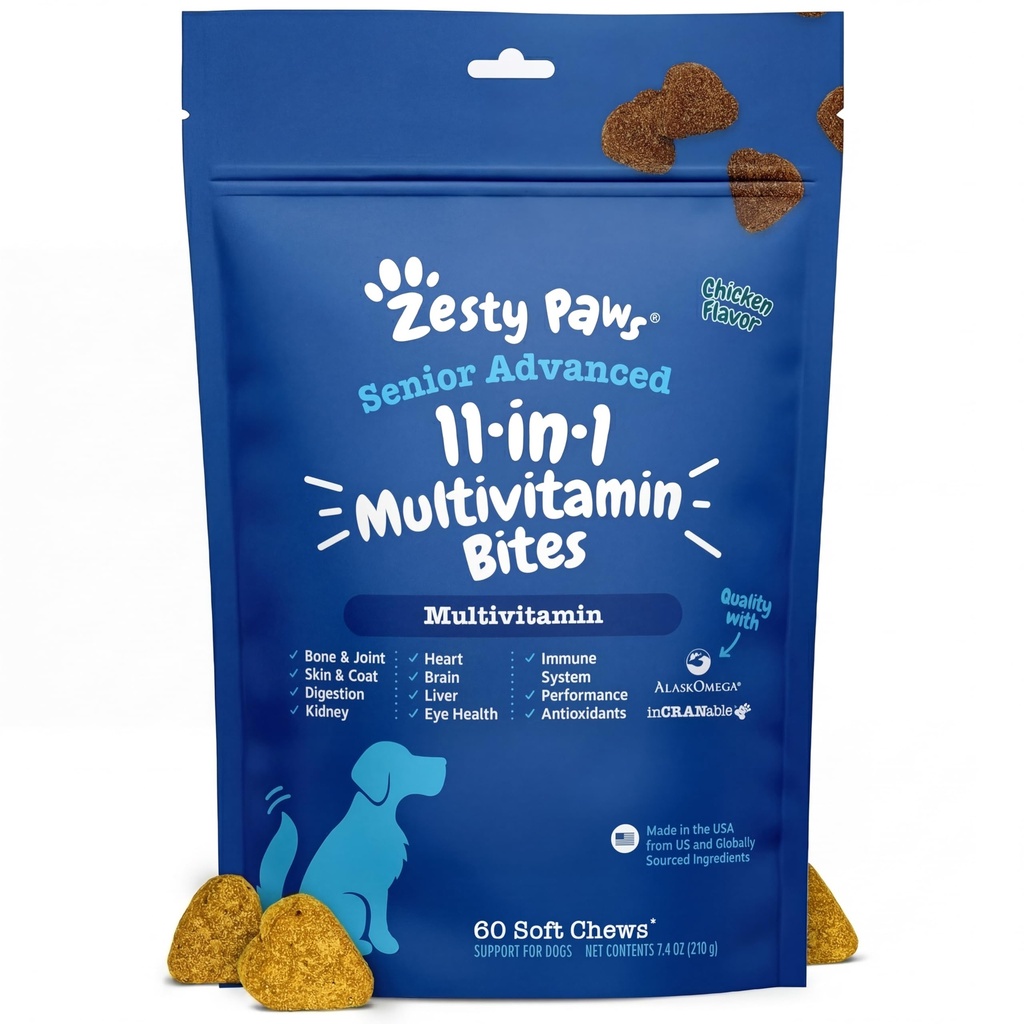 Zesty Paws Senior Dog Multivitamin Trattamenti - Glucosamina per Cani + Enzimi Digestivi & Probiotici - Grain Free Dog Vitamins and Supplements for Skin & Coat + Immune Health Chicken - Advanced - 60ct