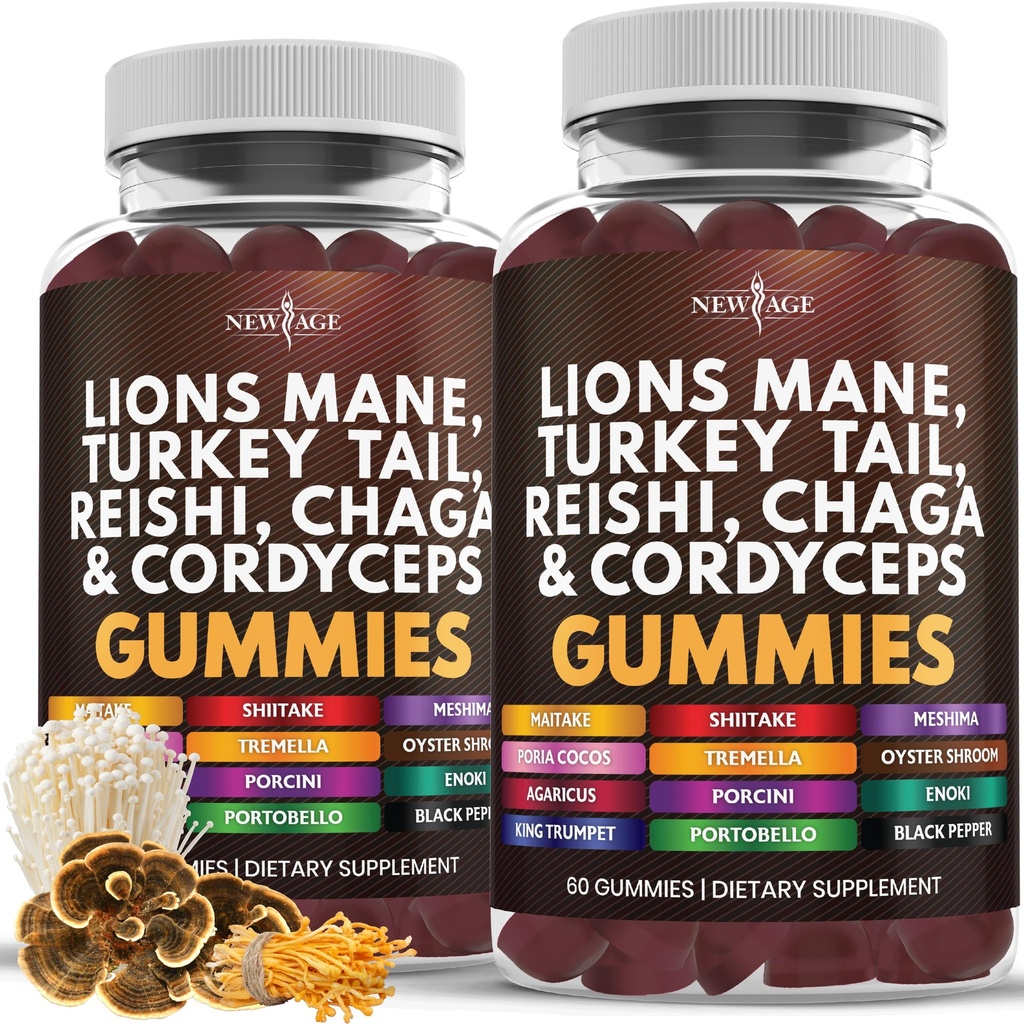 NEW AGE Mushroom Lion's Mane Supplement Gummies - Integratore di funghi completo per il supporto cognitivo e immunitario, con Reishi, Cordyceps - 120 Conte
