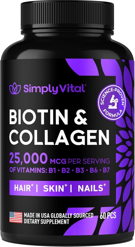 Integratori di biotina e collagene con Keratin 25000 mcg - Hair Skin & Nails Vitamins con Collagen Keratin B Complex - Made in USA - Biotina per la crescita dei capelli Donna & Men Support Skin & Nails, 60 Capsule