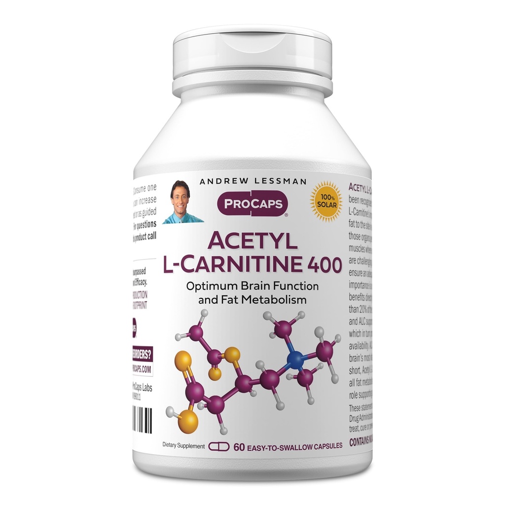 ANDREW LESSMAN Acetyl L-Carnitina 400 mg - 60 capsule - Supporto per il sistema nervoso, il metabolismo grasso ed energetico, la funzione sana del cervello, il flusso sanguigno al cervello. Capsule facili da asporto.