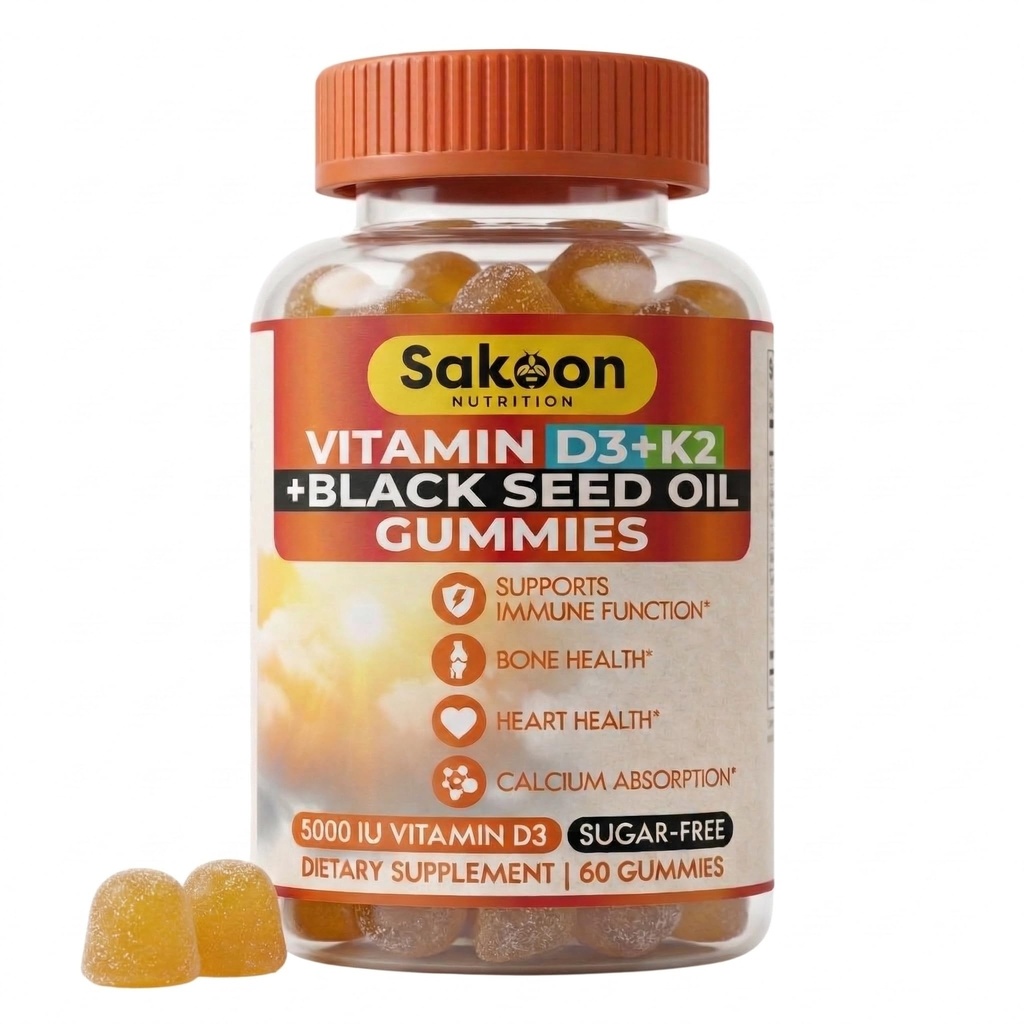 Sakoon nutrizione 5000 IU vitamina D3 K2 supplemento di vitamina con l'olio di semi neri per ossa, denti, muscolo e sostegno di difesa immunitaria, non OGM e Gluten Free, 60 Gummy Chewables