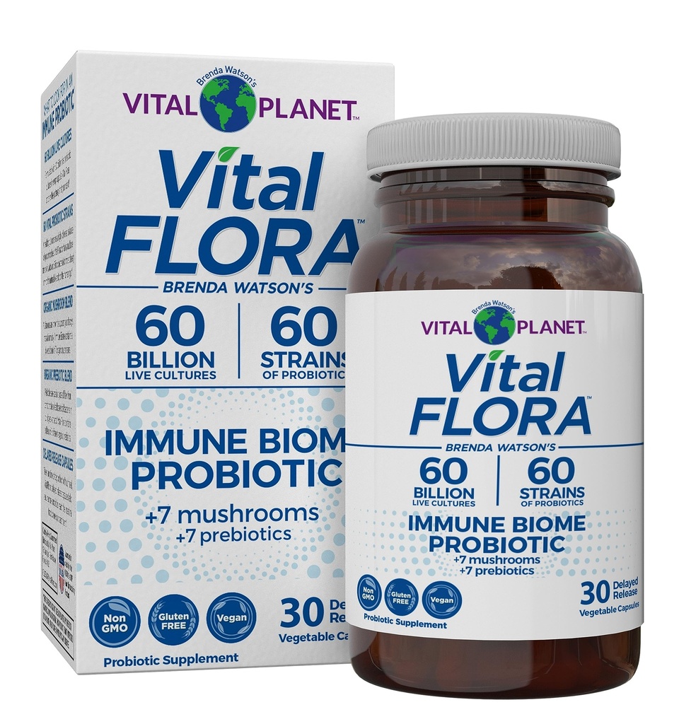 Vital Planet - Vital Flora Supporto immunitario Probiotico, 60 miliardi di CFU, Diverse Strains, Organic Mushroom Supplement Blend with Prebiotics, Digestive Health Probiotics for Women and Men 30 Capsules