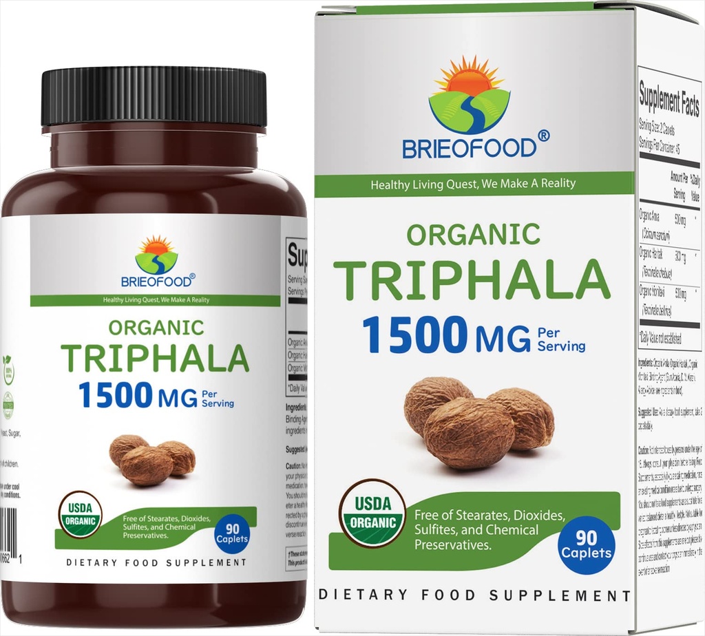Brieofood Organic Triphala 1500mg, 45 Serve, Vegetariano, Senza Glutine, 90 compresse vegetariane