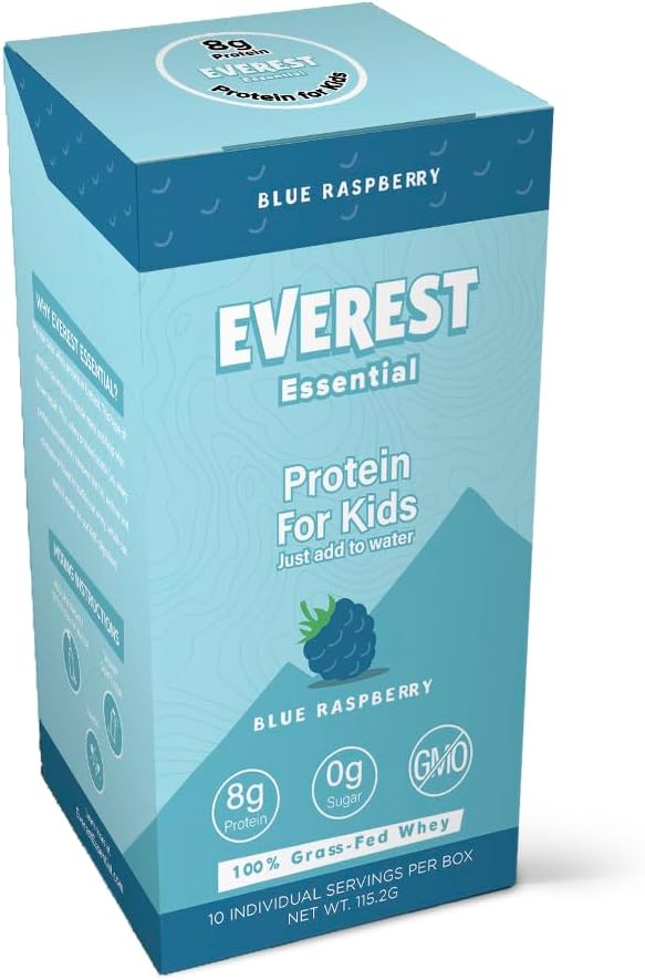 Everest Essential, Kid's Clear Whey Protein Powder (Blue Raspberry, 10 Packets) Protein Drink Mix per bambini, Elettroliti per bambini, 8g Protein Per Serving, Non OGM, Zero Aggiunto Sugar