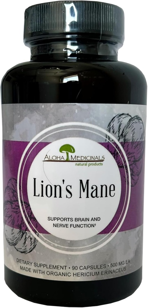Aloha Medicinals Lion’s Mane, Certificato Organic Mushroom Supplement, Supporta Memoria e Concentrazione, Confezione da 1, 90 capsule Ogni