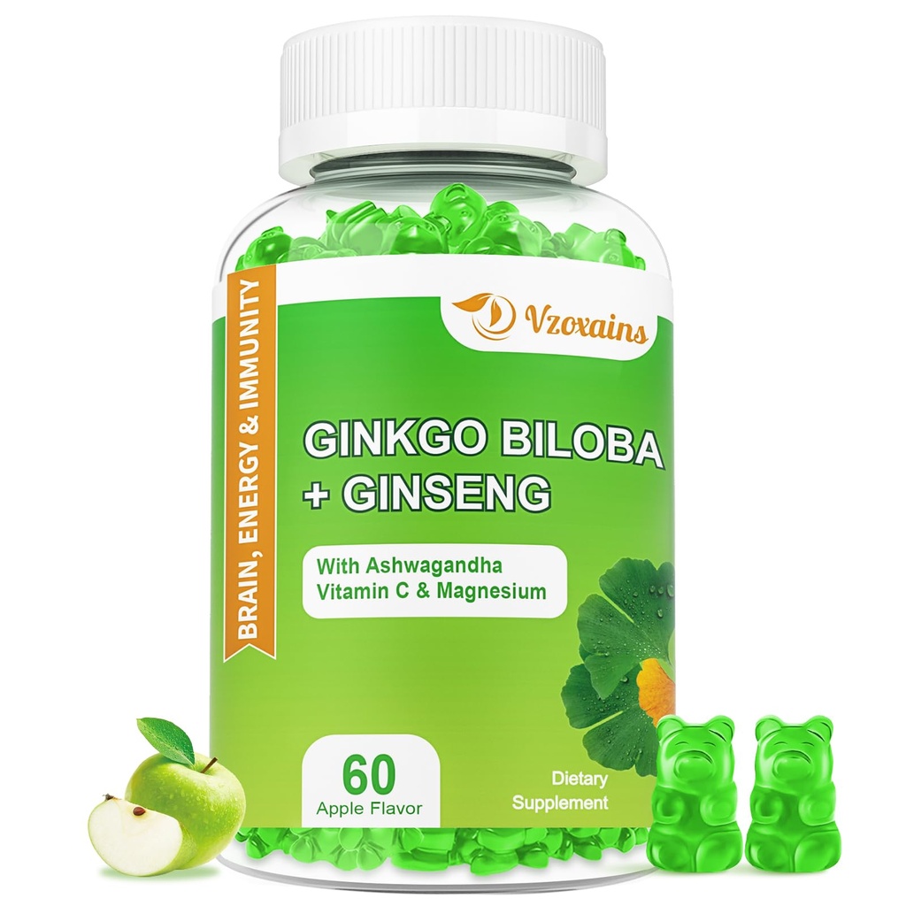240MG Ginkgo Biloba Gummies con Ginseng e Magnesio, Ginko Biloba Supplementi Gummies per la messa a fuoco del cervello, Mood e memoria per adulti, 60 Cts