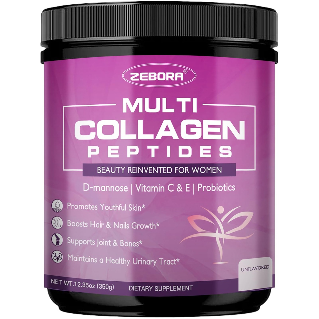 ZEBORA Multi Collagen Peptides Polvere per le donne – Peptidi di collagene idrolizzati con Probiotici D-Mannose & Donna – Supporta pelle, capelli, unghie e salute del tratto urinario, non aromatizzata, 35 Serve