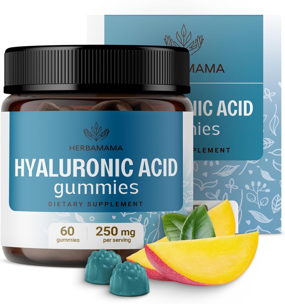 Gummie di acido ialuronico HERBAMAMAMA - 250 mg di acido ialuronico puro per capelli, pelle e supporto per unghie - Vegan, supplemento di elasticità della pelle non OGM - 60 pectin-Based Mango-Flavored Chews