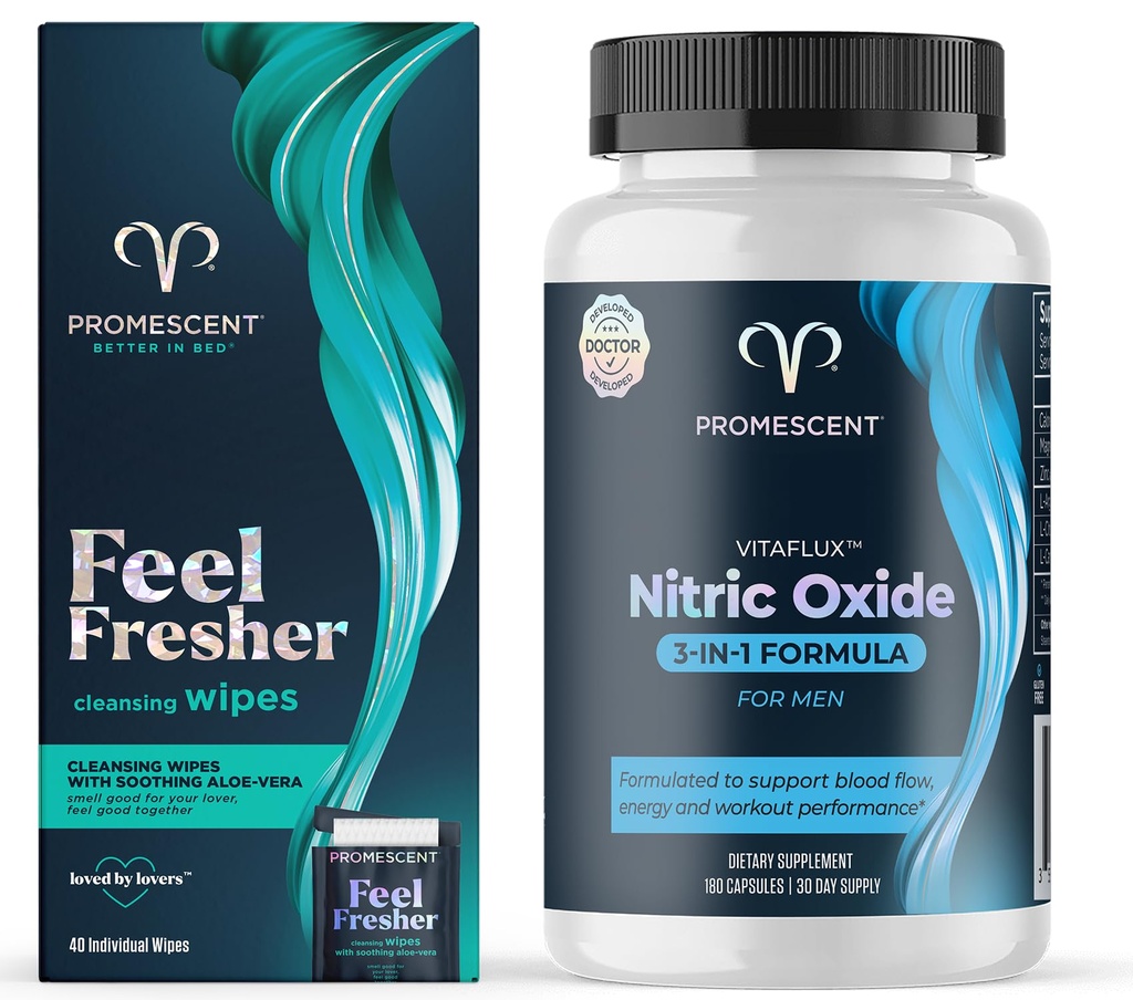 Promescent Flushable Wipes per adulti + VitaFLUX Triple Power Nitric Oxide Supplemento per prestazioni maschili, Stamina, Energy, Recovery - L Arginine 2000mg, L Carnitina 1000mg, Zinco, Magnesio - Amino A