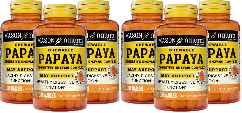 MASON NATURAL Papaya Digestive Enzyme Complex - Funzione digestiva sana, promuove l'assorbimento nutriente, Peach Flavor, 100 Chewables (Pack of 6)