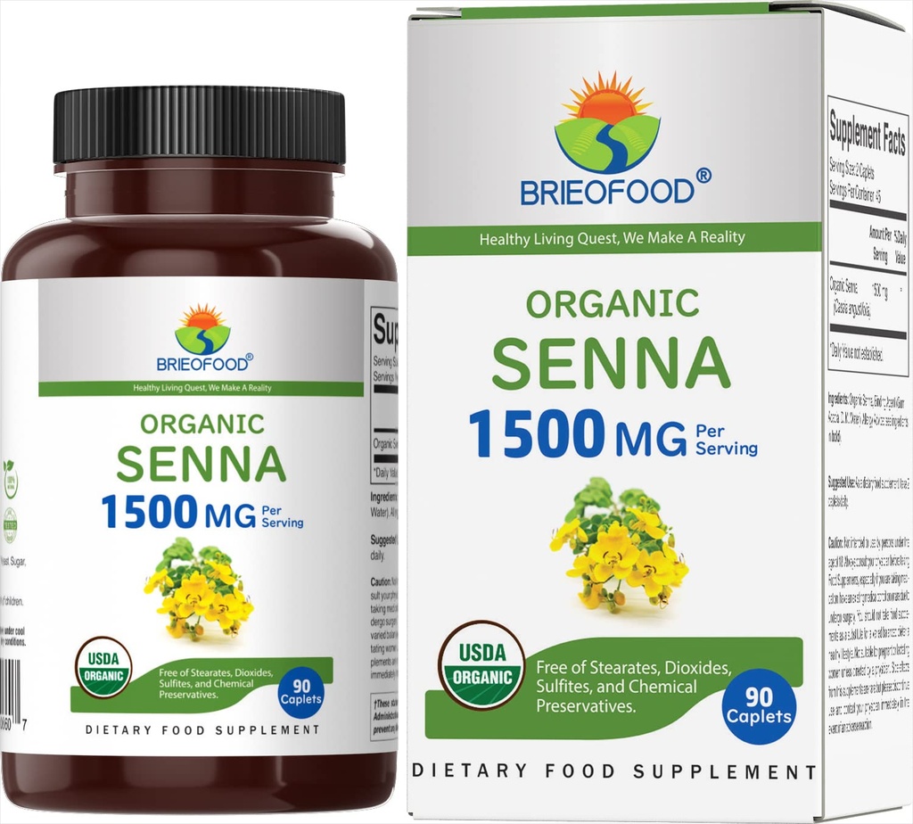 Brieofood Organic Senna 1500mg, 45 Serve, Vegetariano, Senza Glutine, 90 compresse vegetariane
