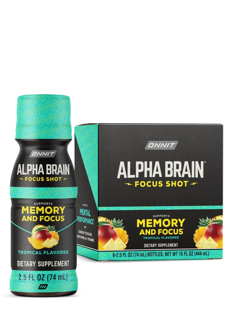 ONNIT Alpha Brain Focus Shot, Tropical Flavor, Nootropic Dietary Supplement Drink Che Supporta Energia, Focus e Mood, IGENTM Non-GMO Testato, 2.5 fl oz, 6 Conte